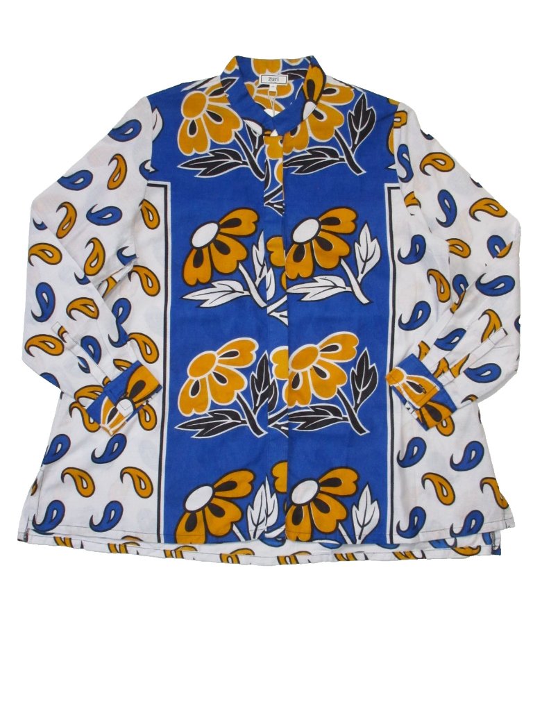 Nwt Zuri Kenya Kikambala Shirt In Blue White Orange Floral Cotton Button M — image 2 of 7